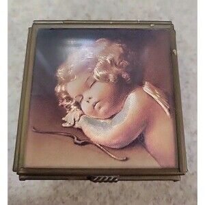 Vintage Enesco Corp SLEEPING CUPID Glass Mirror Jewelry Trinket Box Reflective